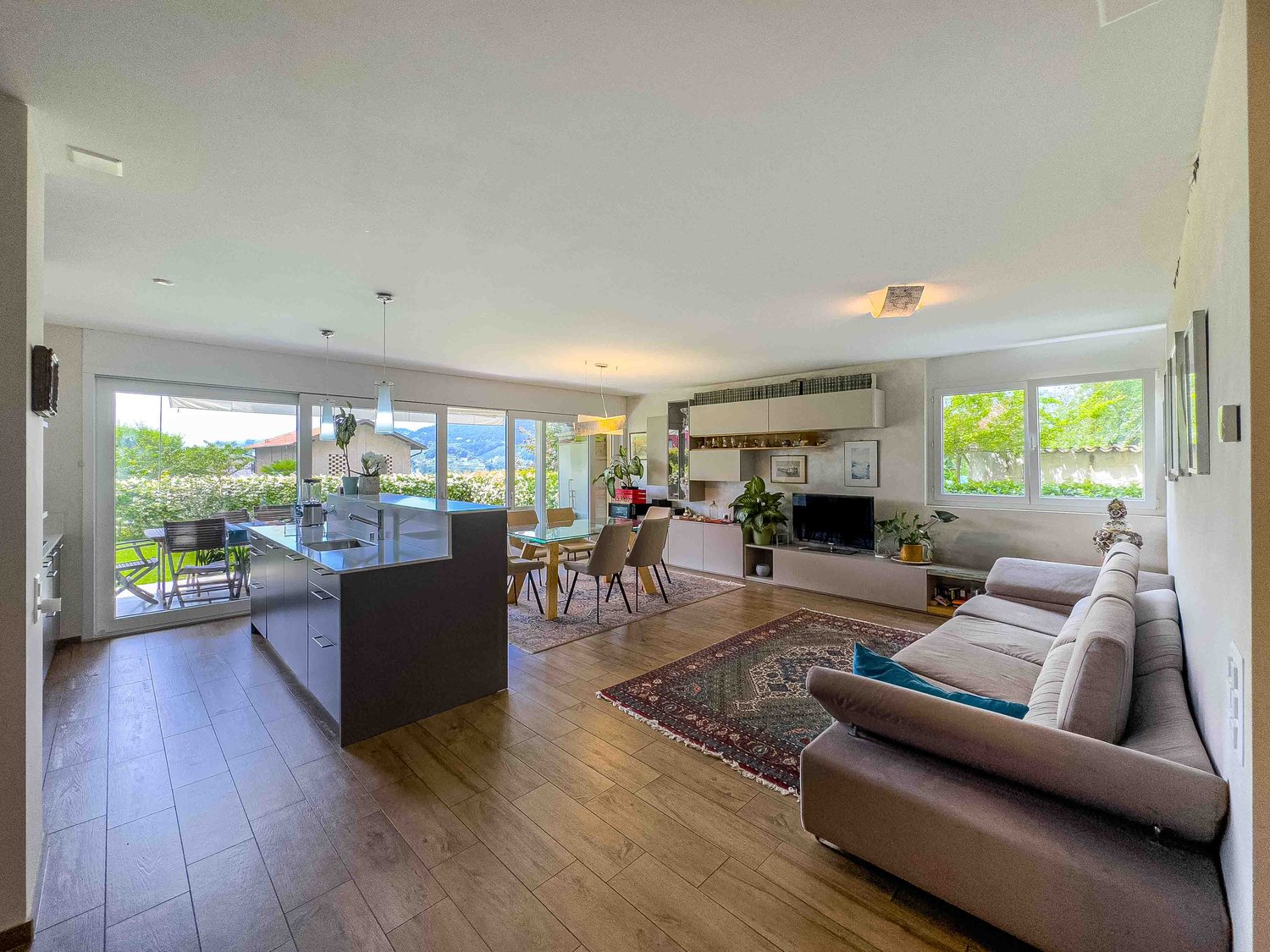 Open floor plan, kitchen island, dining table, couches, coffee table, rugs, dining chairs, television, potted plants, sliding glass doors