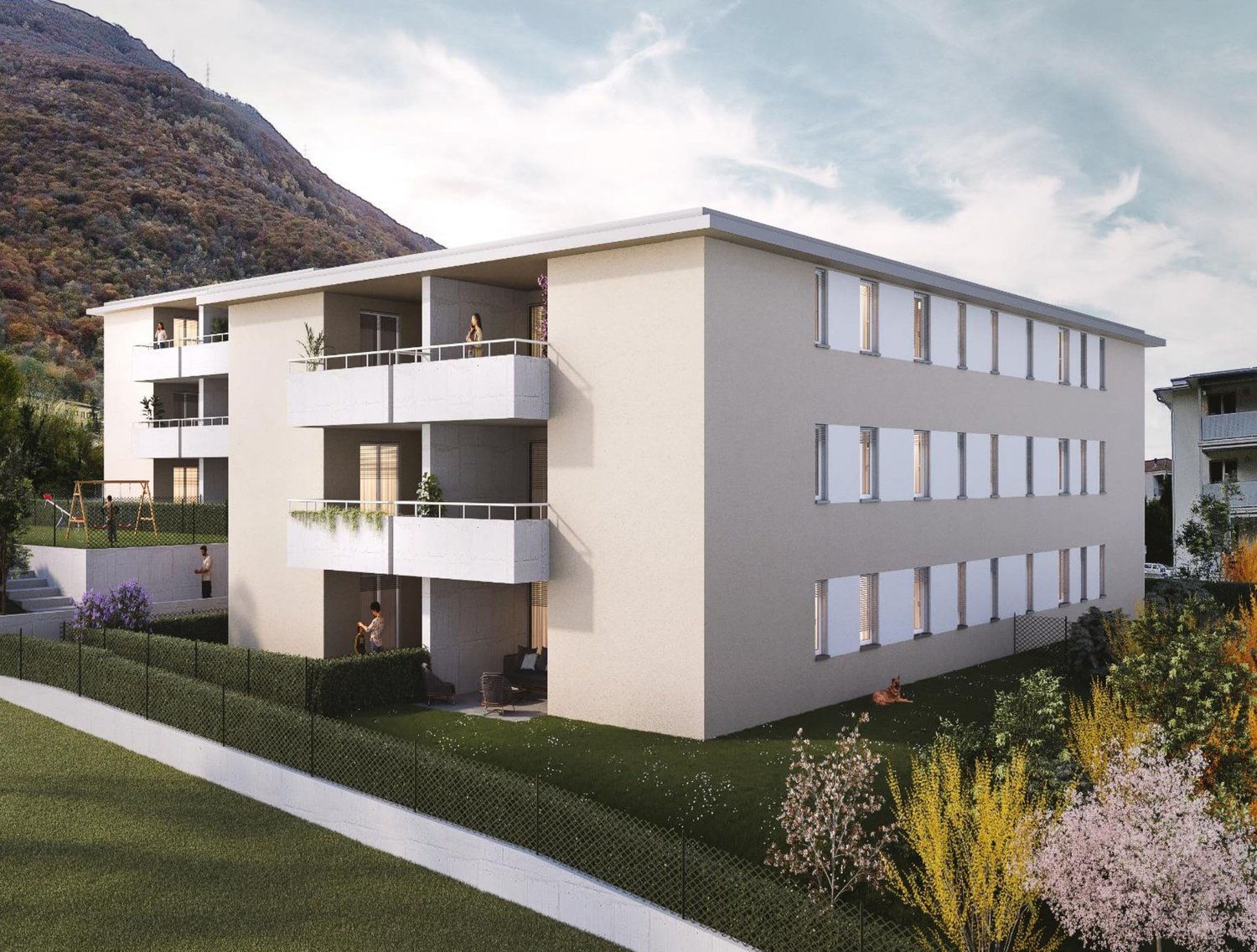 White building, multiple balconies, several stories, landscaped garden with various plants