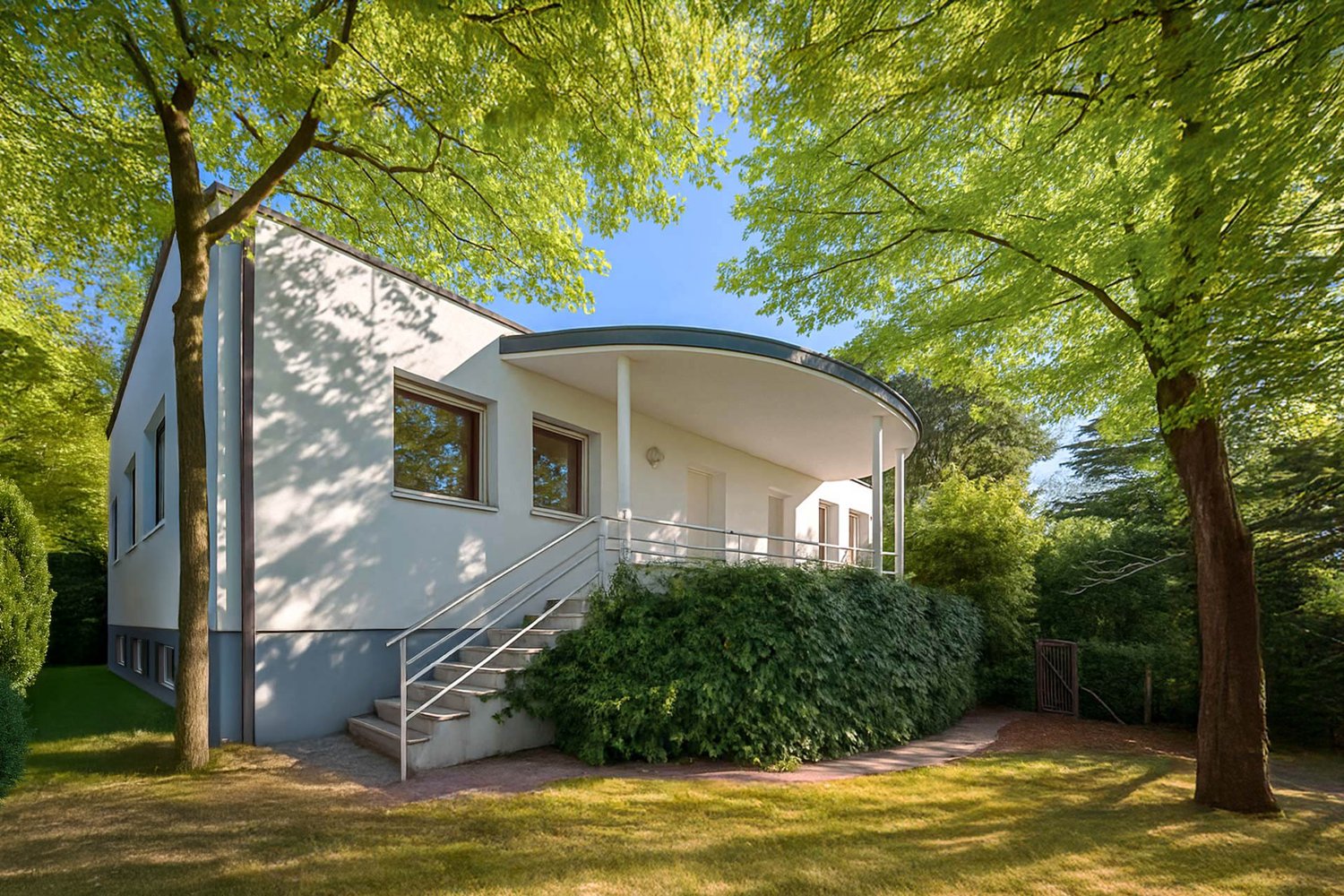 Modern two story house with curved roof, white walls, gray base, windows, raised entrance, surrounded by lush greenery, driveway