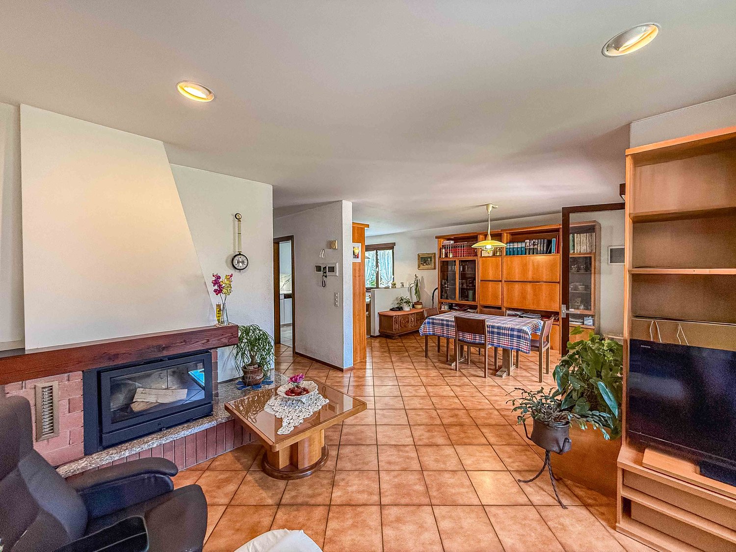 living room with fireplace, brown leather sofa, wooden coffee table, dining area with table and chairs, tiled flooring, wooden cabinet, glass TV stand, plants, wooden ceiling lights