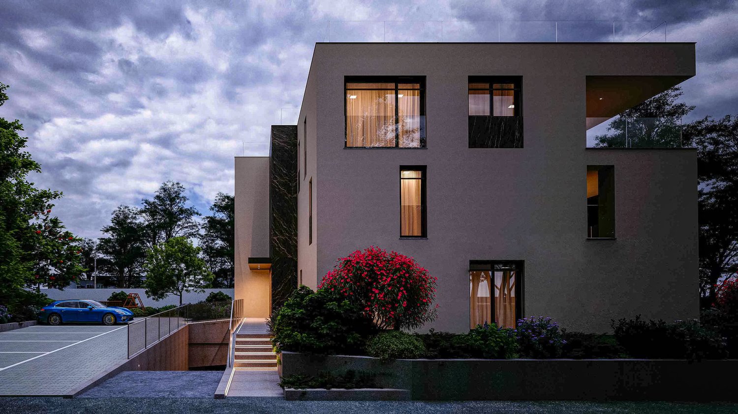Modern house, 3 floors, raised ground floor, garage, balcony, blue car parked