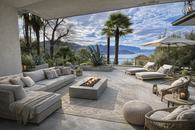 Outdoor living area with a fire pit, couches, lounge chairs, and a table with an umbrella. The area has a view of the mountains and the sea.