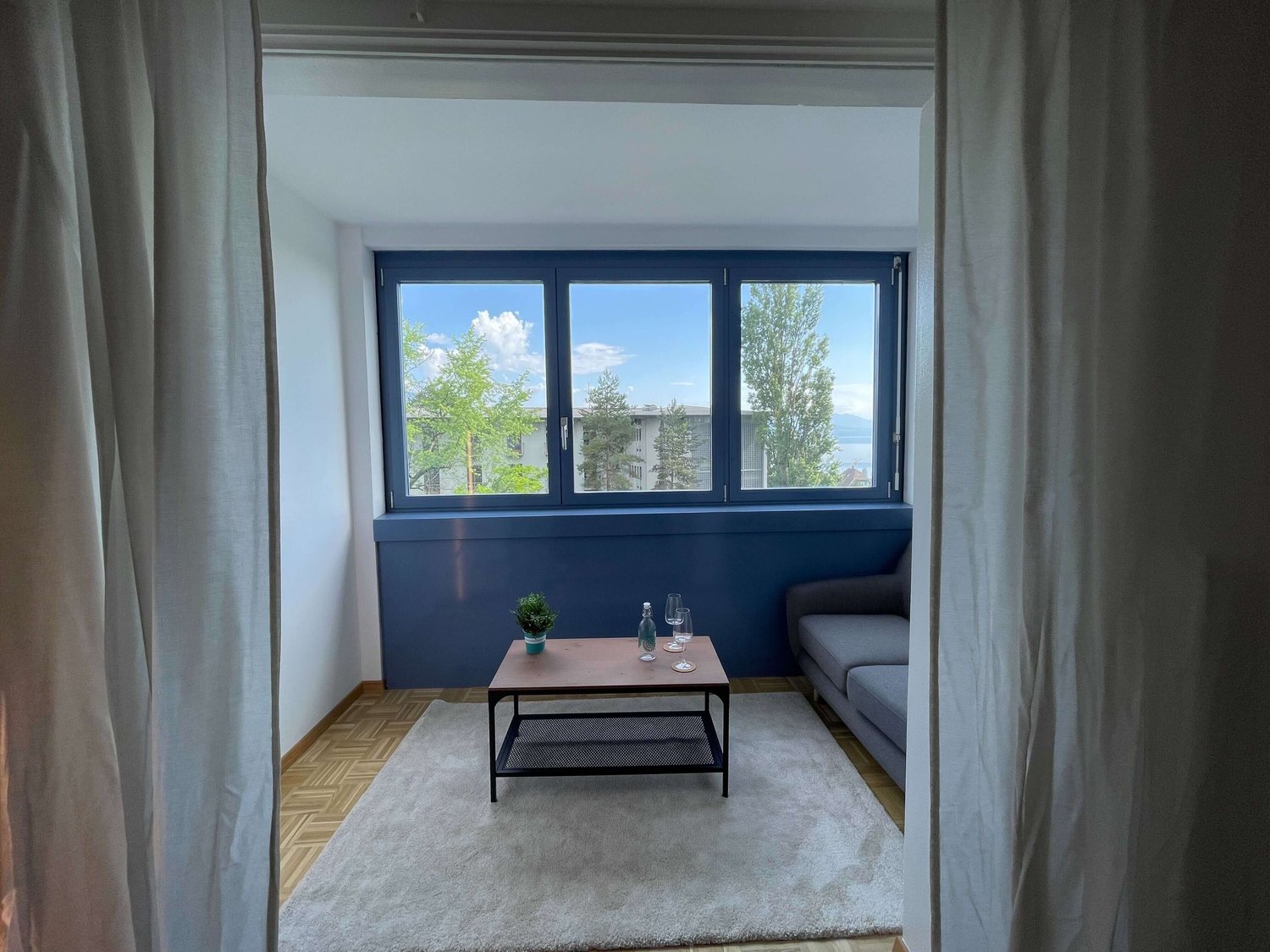 Living room with white rug, brown coffee table, gray couch, blue wall, large window, two wine glasses, bottle, potted plant, view of outdoors