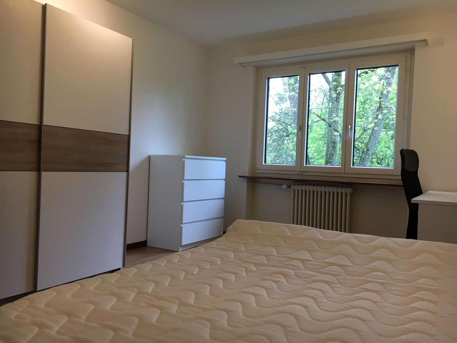 Spacious bedroom with a large bed, two white wardrobes, and a white chest of drawers. White walls and large windows with a view of trees outside.