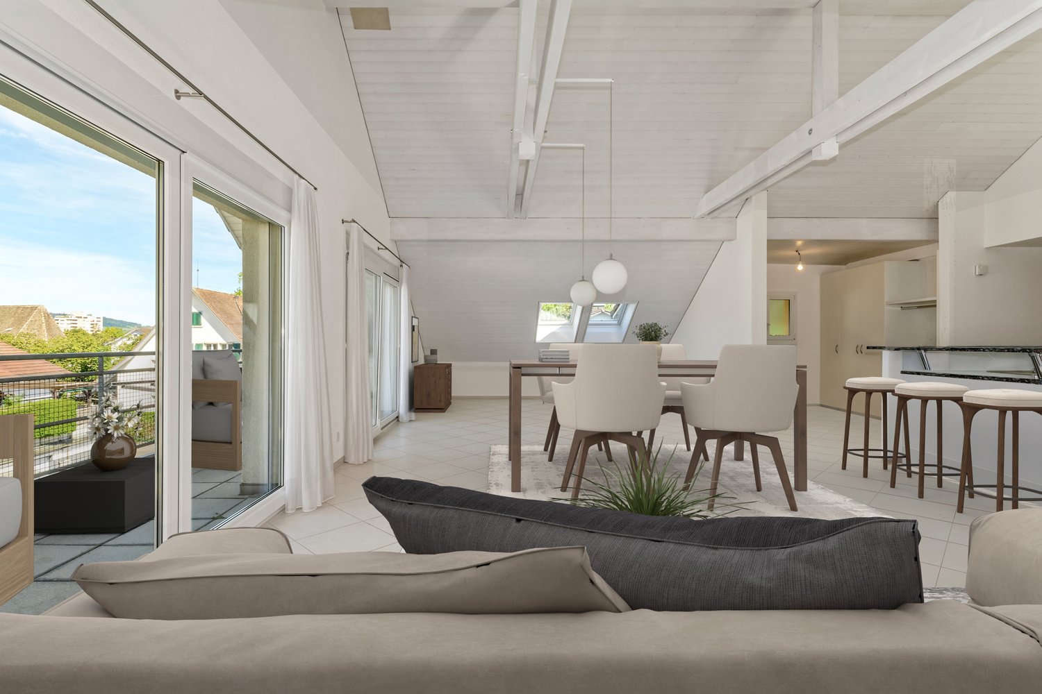 large windows, sliding doors, wooden floor, white ceiling, grey sofa, dining table, white kitchen, balcony