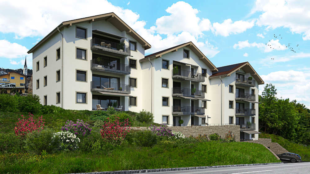 4 story apartment building, white exterior, balconies, large windows, driveway, greenery and flowers surrounding the building