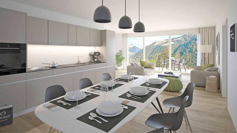 large dining table, chairs, kitchen with oven, sink, counter, refrigerator, cabinets, sofa, windows