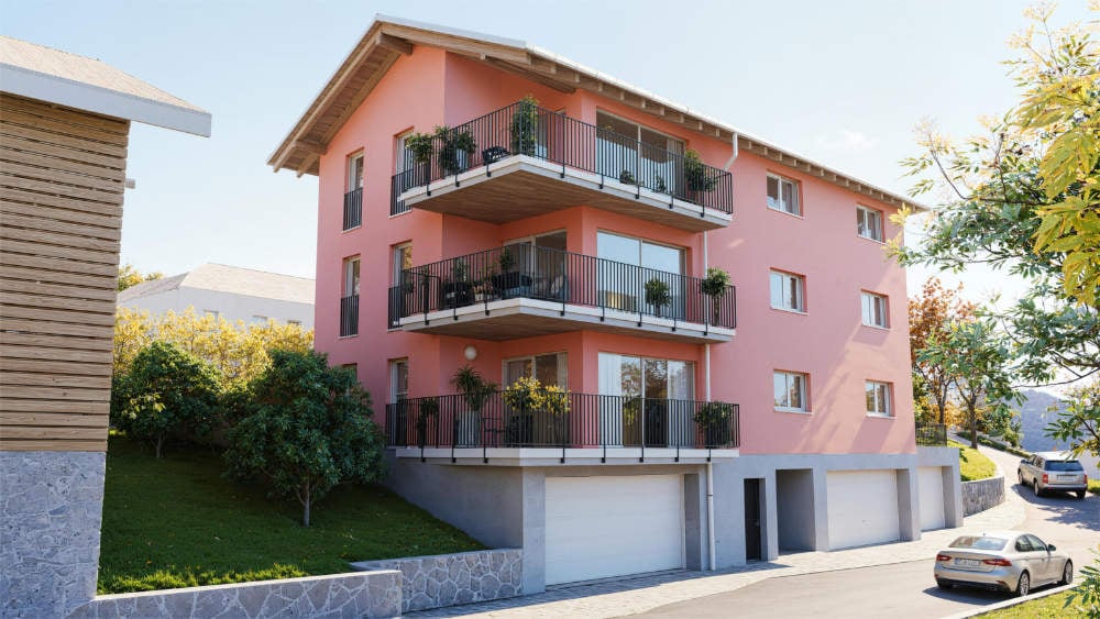 3 story apartment, pink walls, white windows, 2 balconies, 2 garages