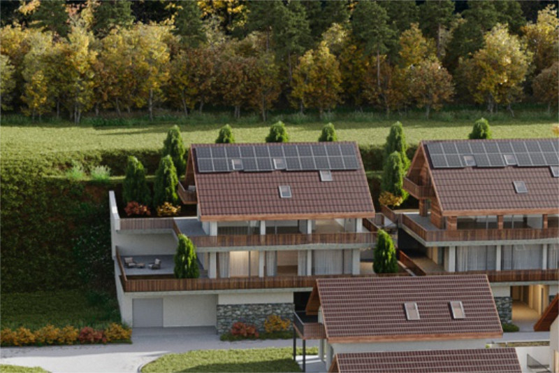 3 story house, brown roof, solar panels, balconies, garage