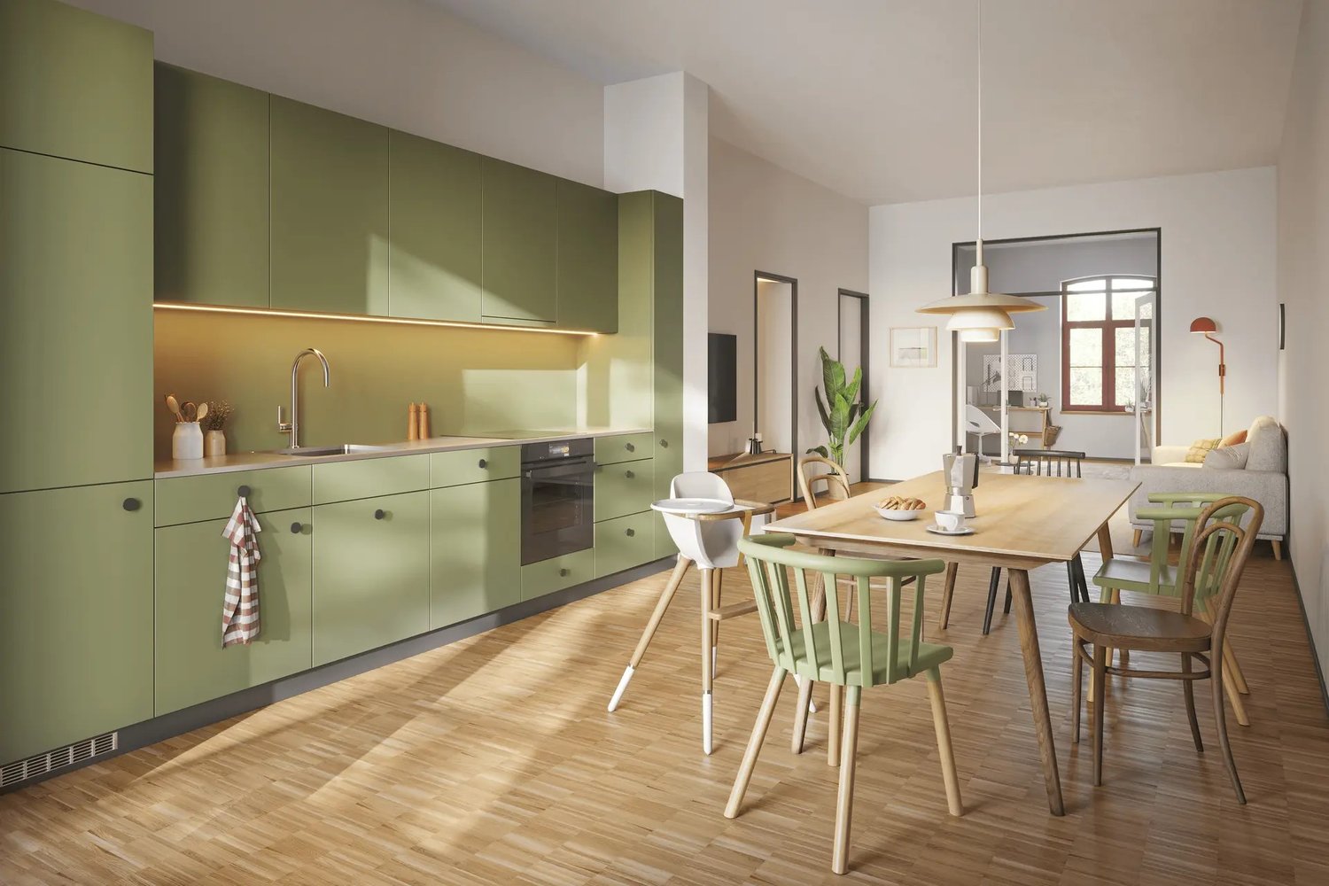 kitchen, wooden floor, green cabinets, wooden table, chairs, modern design, sink, faucet, plants