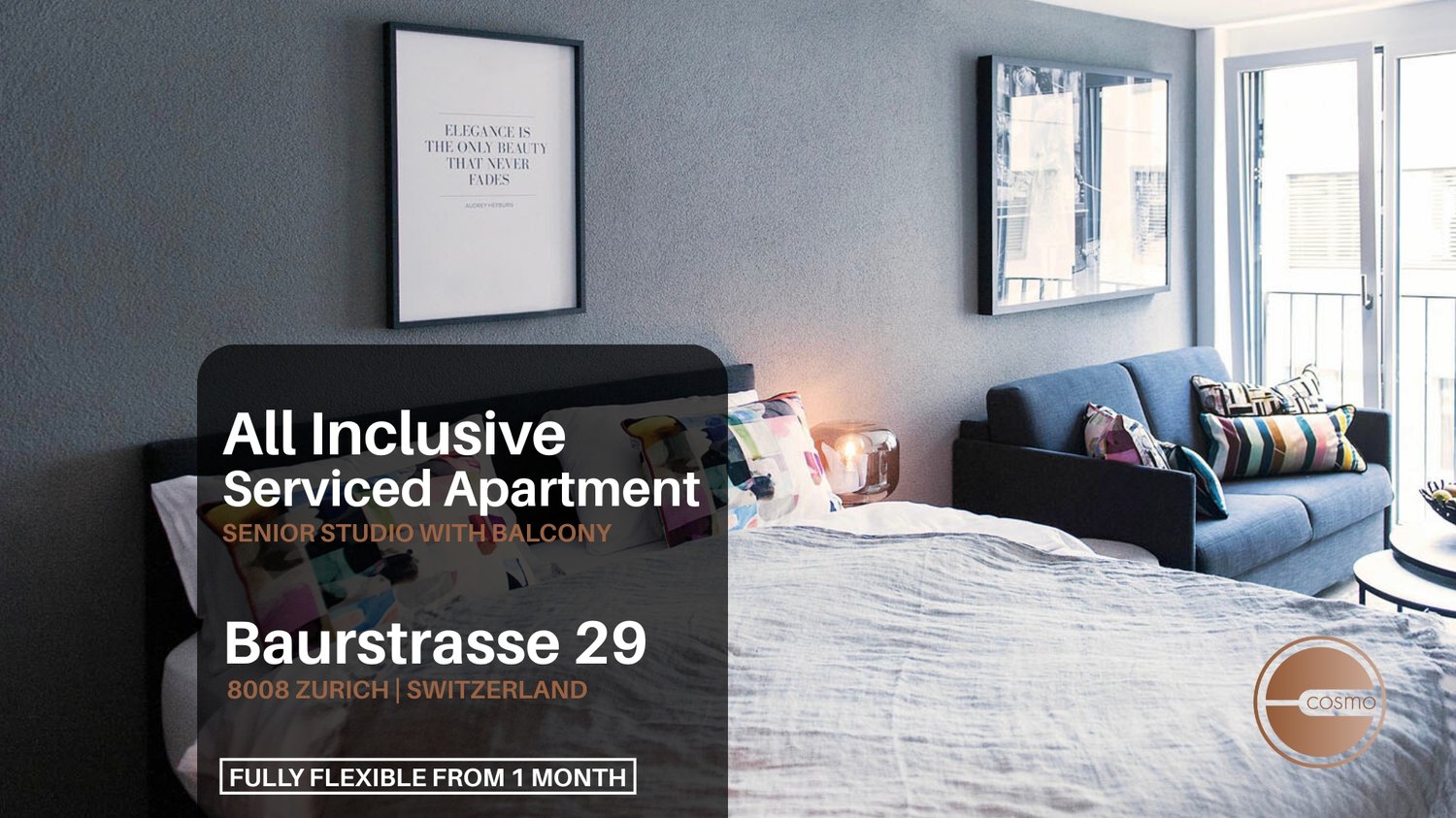 Large bed, pillows, wall paintings, sofa, table, balcony