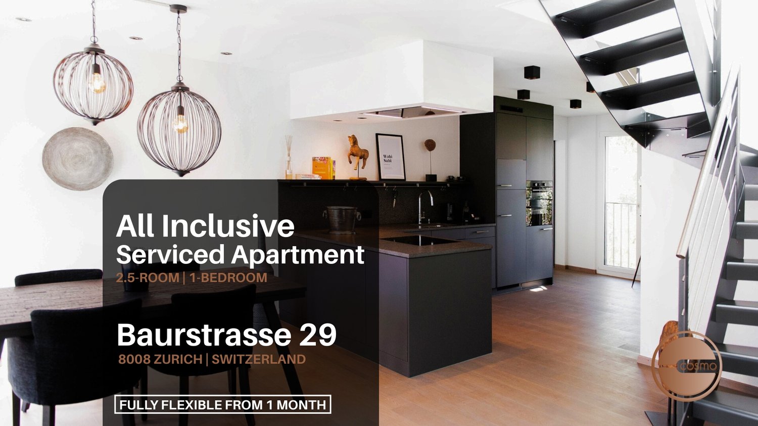 Contemporary open-plan serviced apartment, black furniture, wooden flooring, modern kitchen, dining area, staircase.
