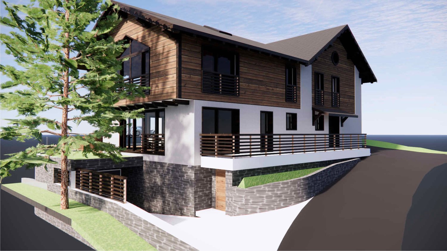 2 story wooden house with stone foundation, large balconies, and surrounded by trees