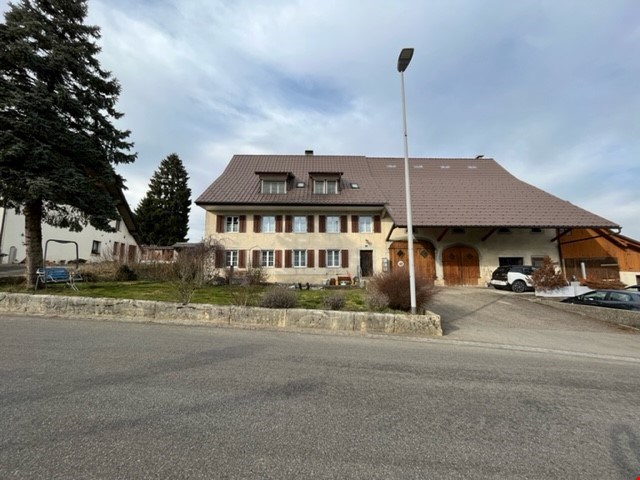 3 story house, beige facade, brown roof, garage, parked cars