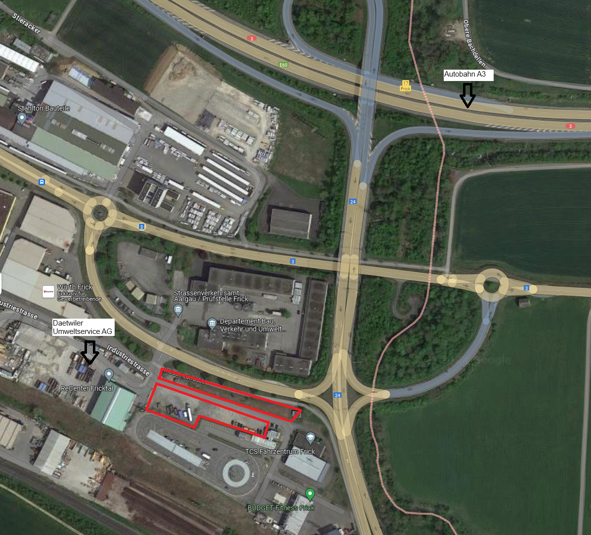 The map shows a junction with Autobahn A3, featuring various buildings, roadways, and facilities such as Daetiwiler Umweltservice AG, ReCenter Fricktal, and a car park next to TCS Fahrzeugum Frick.