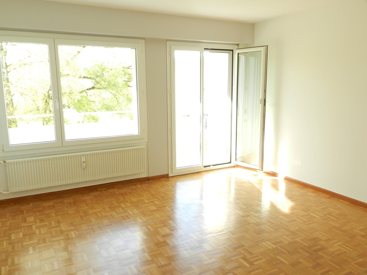 Hardwood floor, white walls, large windows, balcony, sliding doors, radiators