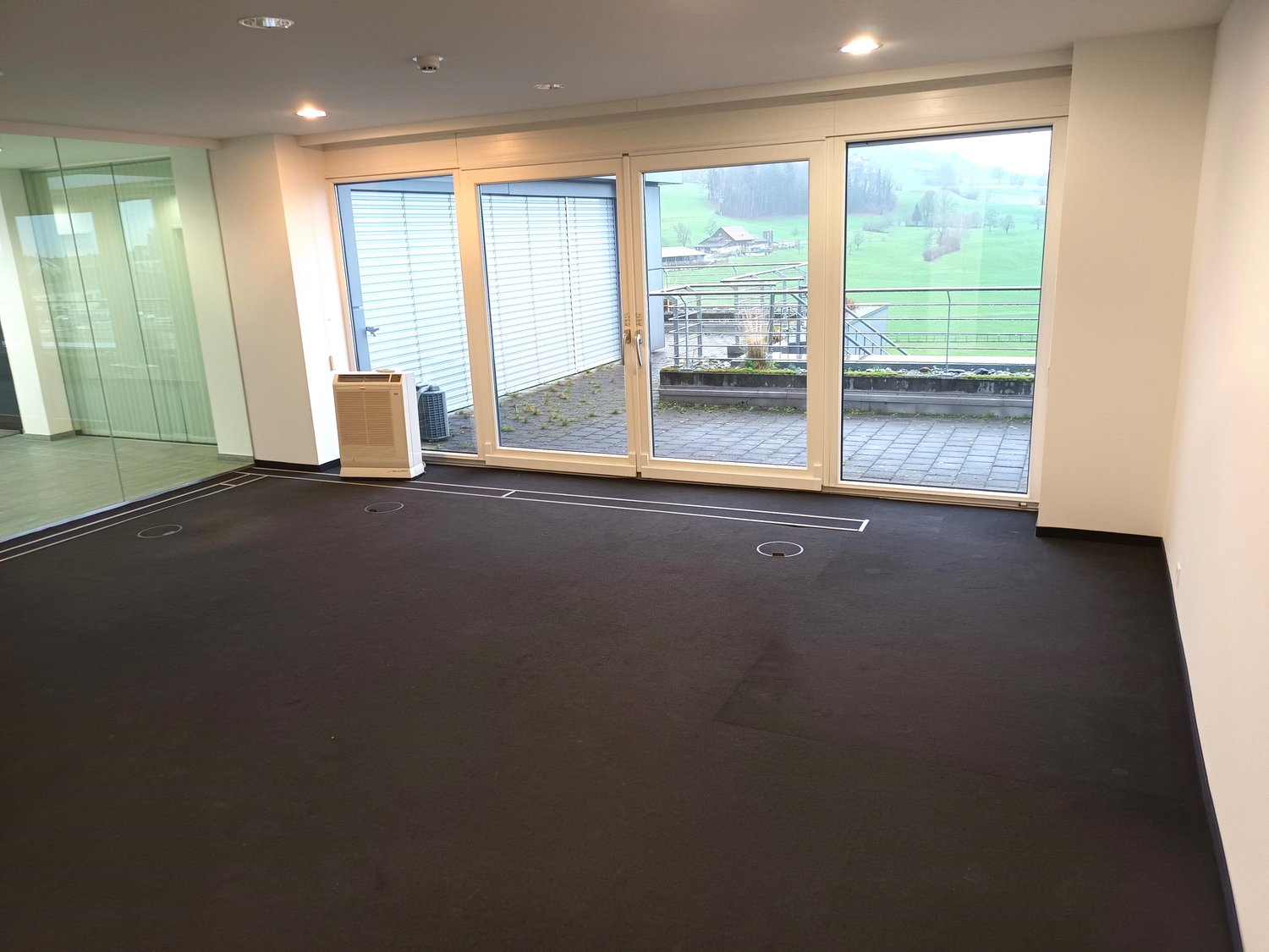 empty room, black floor, white walls, sliding glass doors, balcony, air conditioner, view of a green field