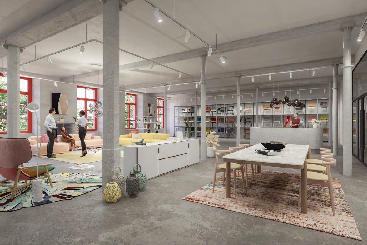 Modern and industrial designed interior with large open space, tables, chairs, couches, carpets, lamps, shelves, and people