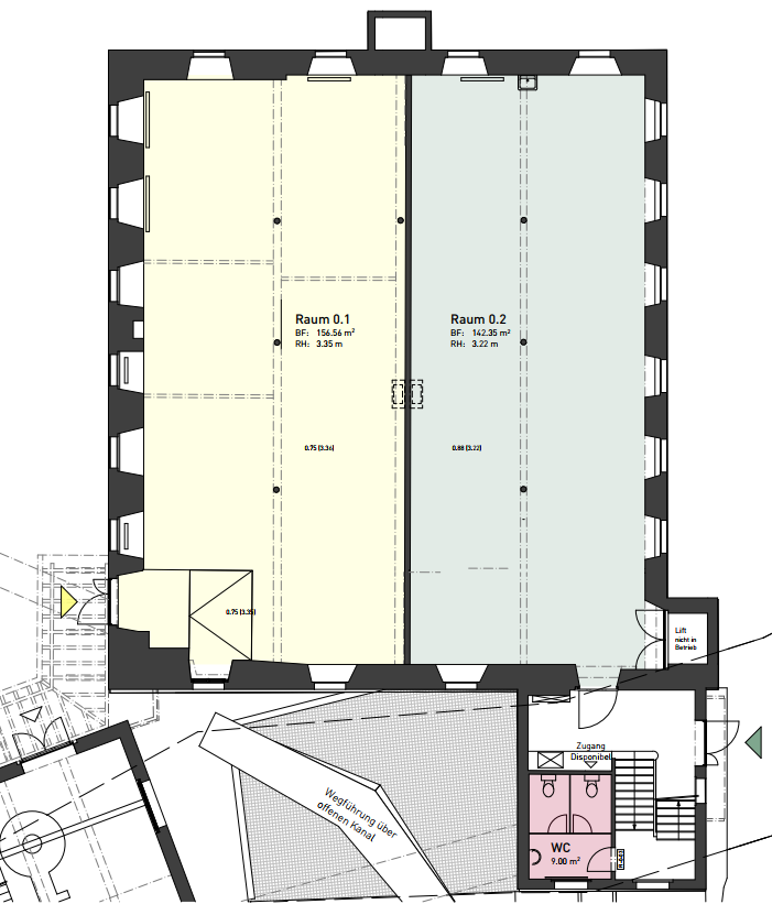 Main floor plan shows two rooms labeled Raum 0.1 and Raum 0.2, both have dimensions specified. A smaller floor plan shows a bathroom and entrance.
