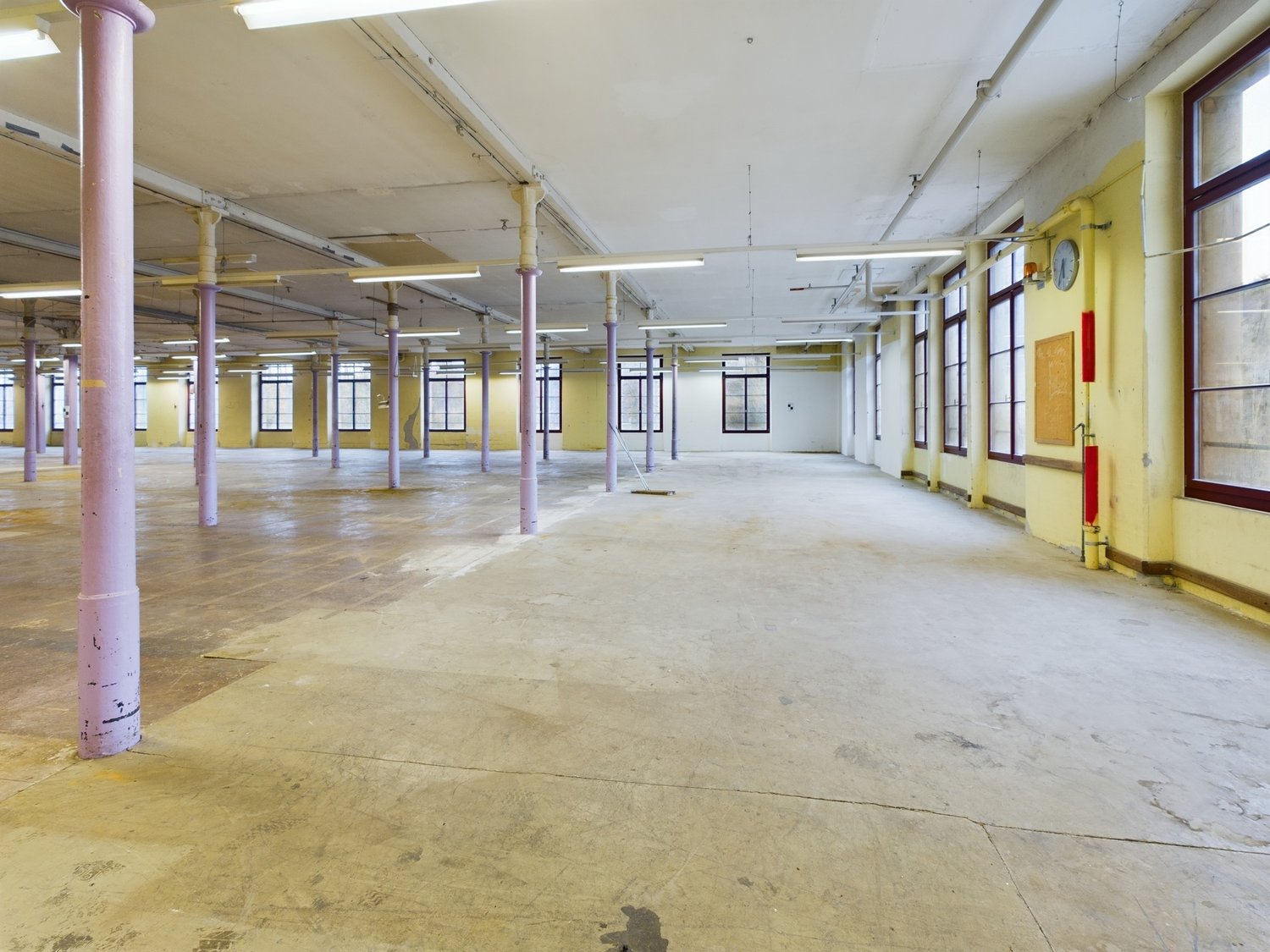 spacious warehouse, concrete floor, large windows, metal columns