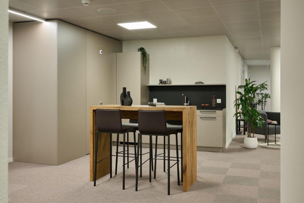 Modern office kitchen with wooden bar counter, black bar stools, built-in kitchen appliances, and potted plants