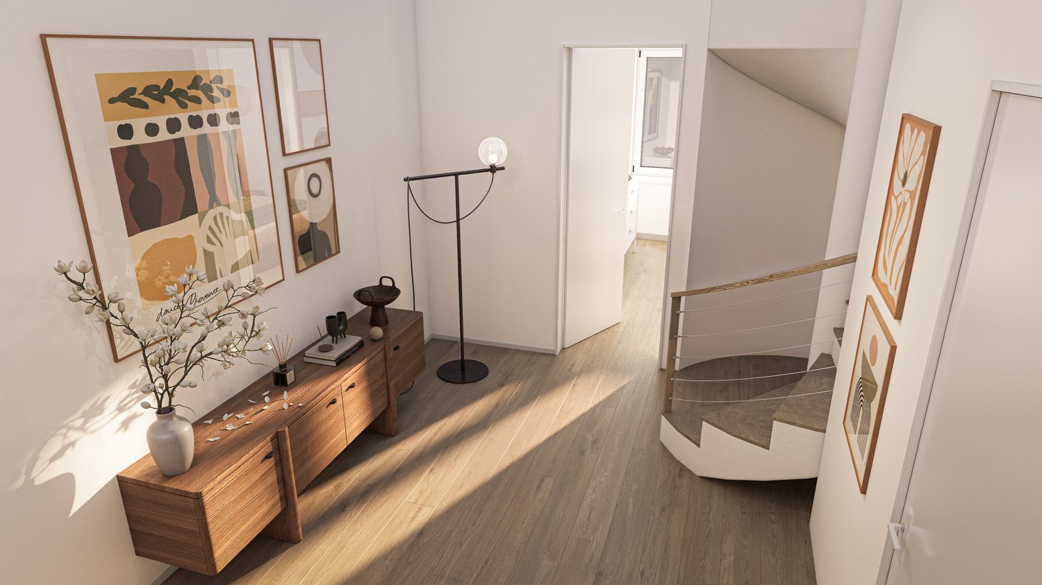 Entryway with wooden floors, art pieces, flower vase, open white door, wooden staircase