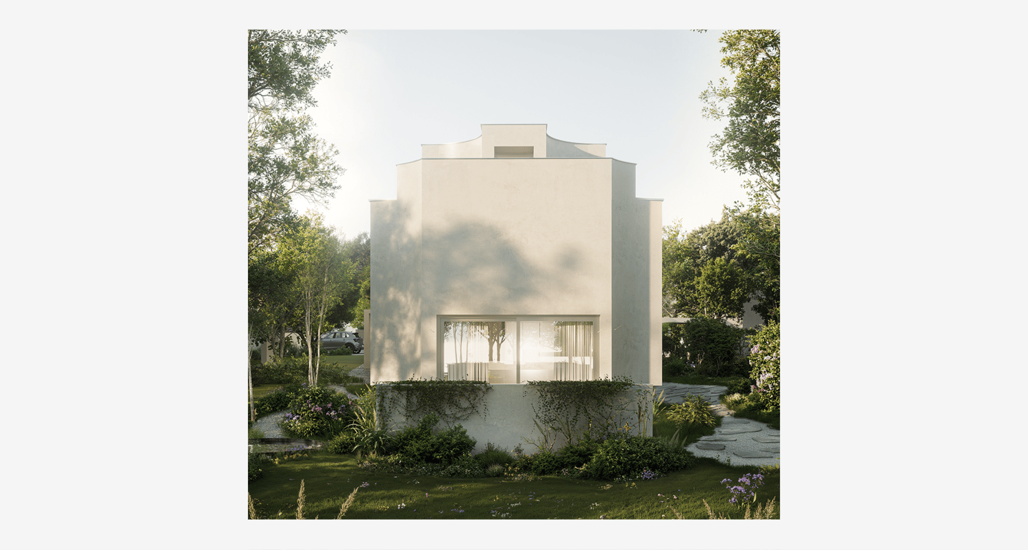 White villa with raised ground floor, windows, surrounded by garden