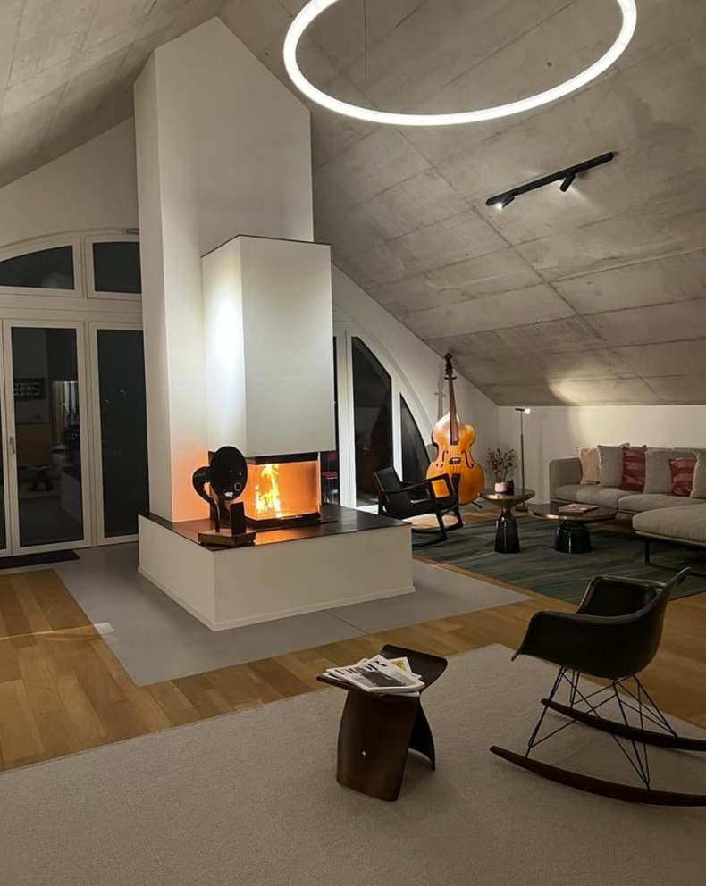 wooden floor, modern design, central fireplace, glass doors, rocking chair, carpet, table, decorative objects