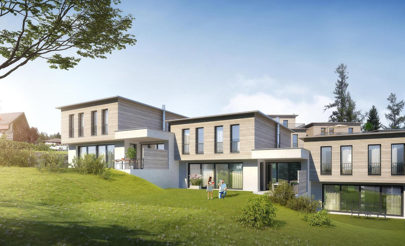 modern architecture, large windows, balconies, terrace, landscaped garden