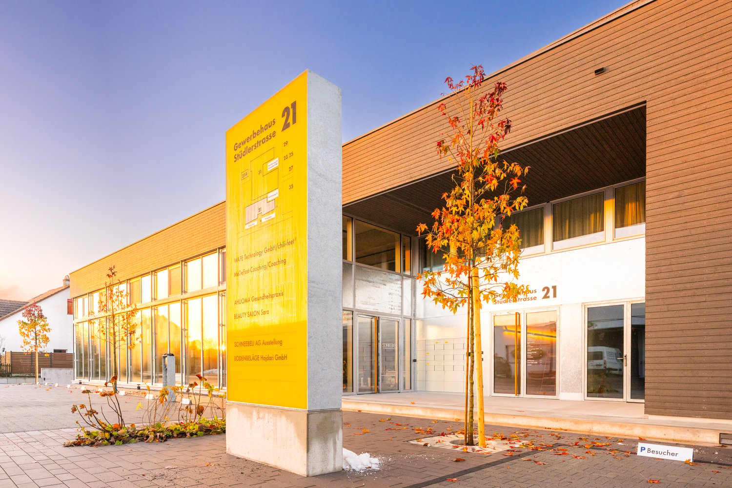 Modern commercial building, yellow signboard, glass facade, entrance with automatic sliding doors, glass wall, tree in front, brick walkway, paved entrance area