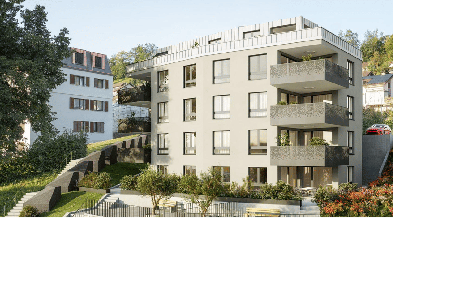 modern multi-story apartment building, white exterior, multiple balconies, staircases to elevated ground floor, car parked in front