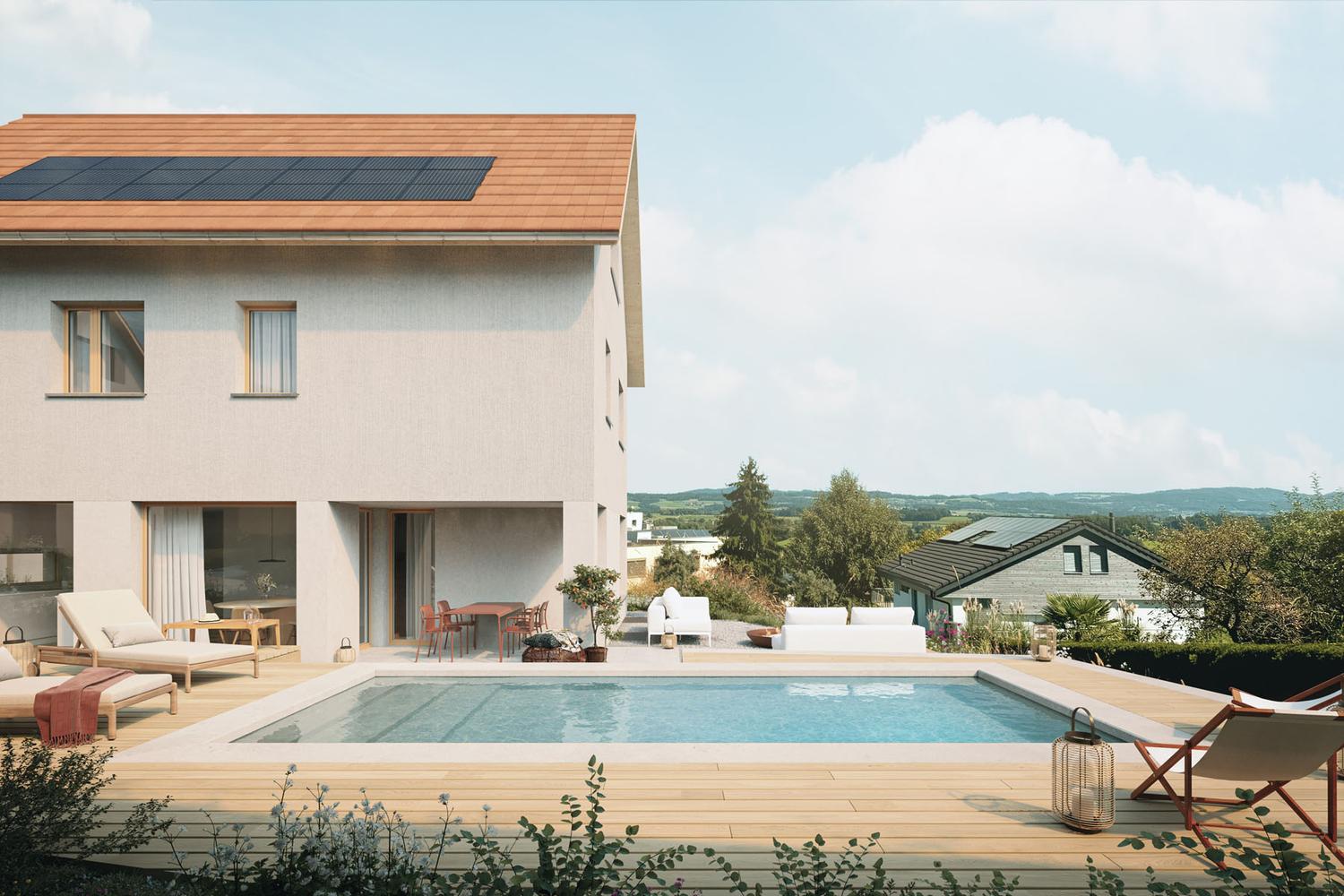 solar panels on roof, wooden deck around pool, outdoor seating area, potted plants, distant house with solar panels