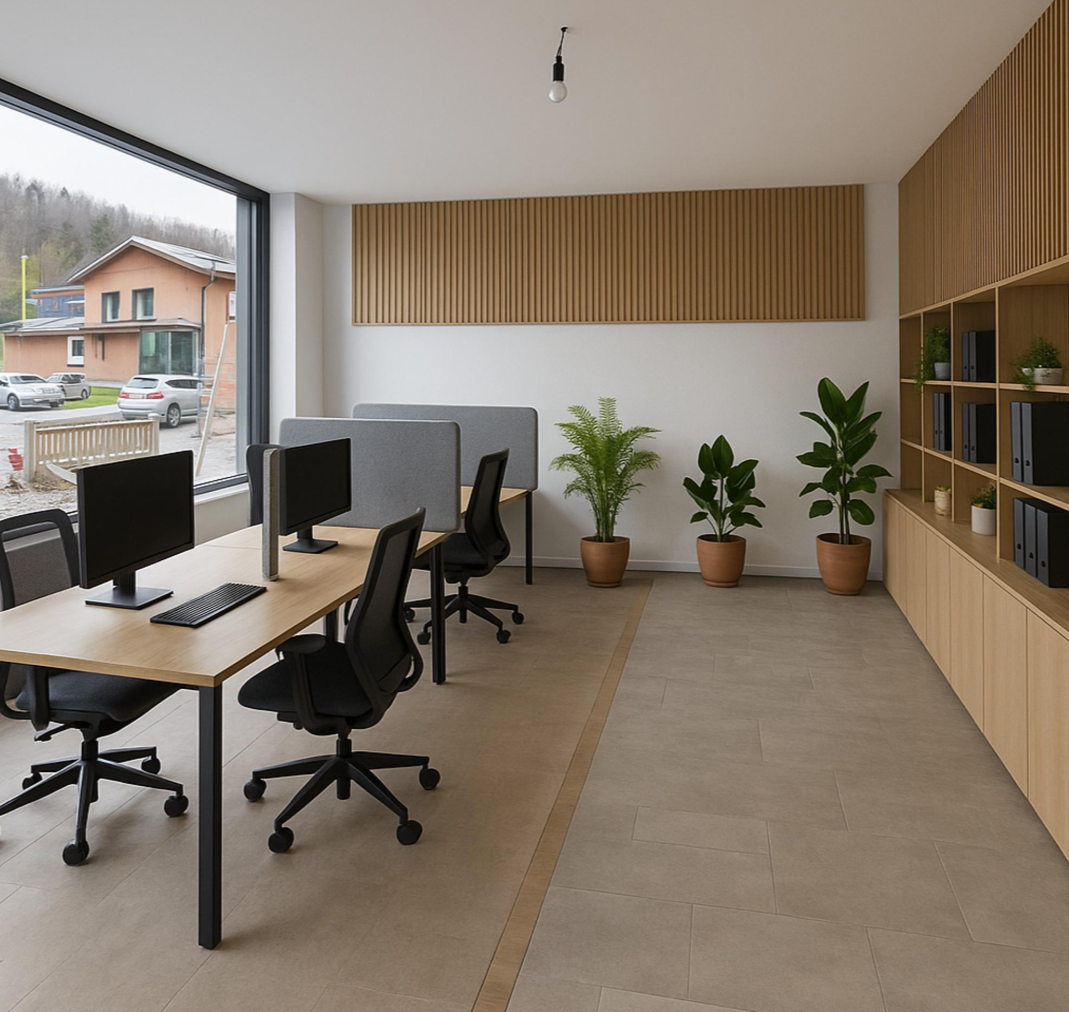 office desk, chairs, computer monitor, keyboard, bookshelves, potted plants, large windows