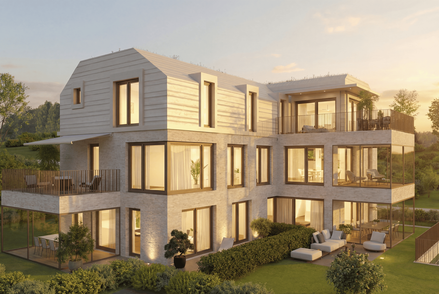 3-story building, white exterior, large windows, multiple balconies, garden with plants and trees