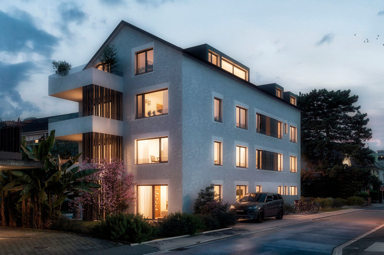 modern design, multiple floors, large windows, balcony, car parked in front