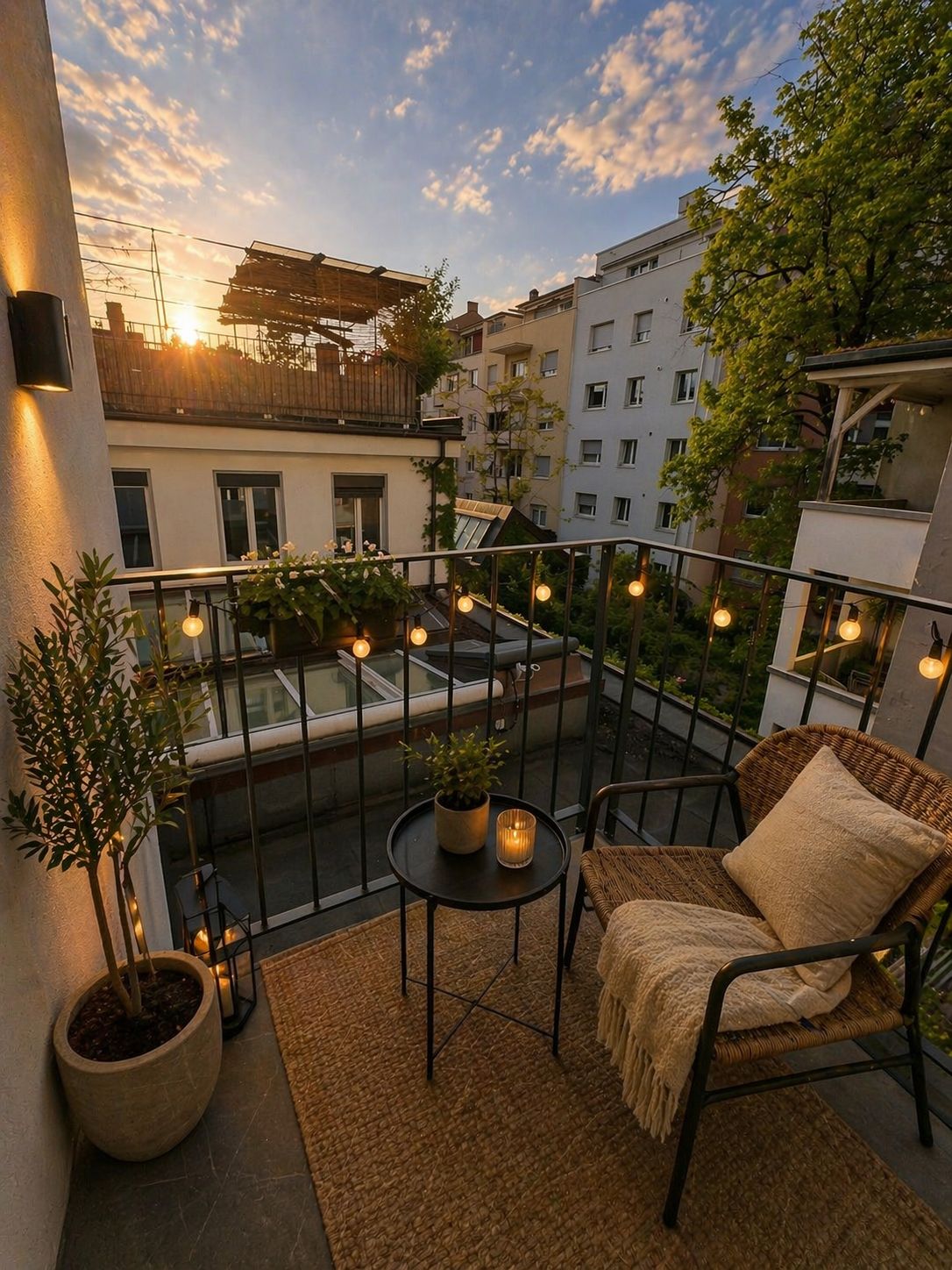 Balcony with metal railing, wicker chair, round table, potted plants, string lights, wall lamp, rug, blanket, candle, and a view of the sunset and buildings.
