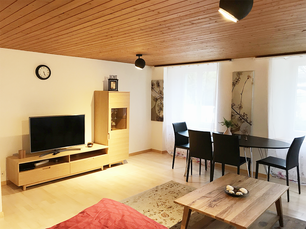 Open layout, flat screen TV, wooden entertainment unit, dining table, chairs, round coffee table, wooden floor, wooden ceiling, lights, plants, window curtains