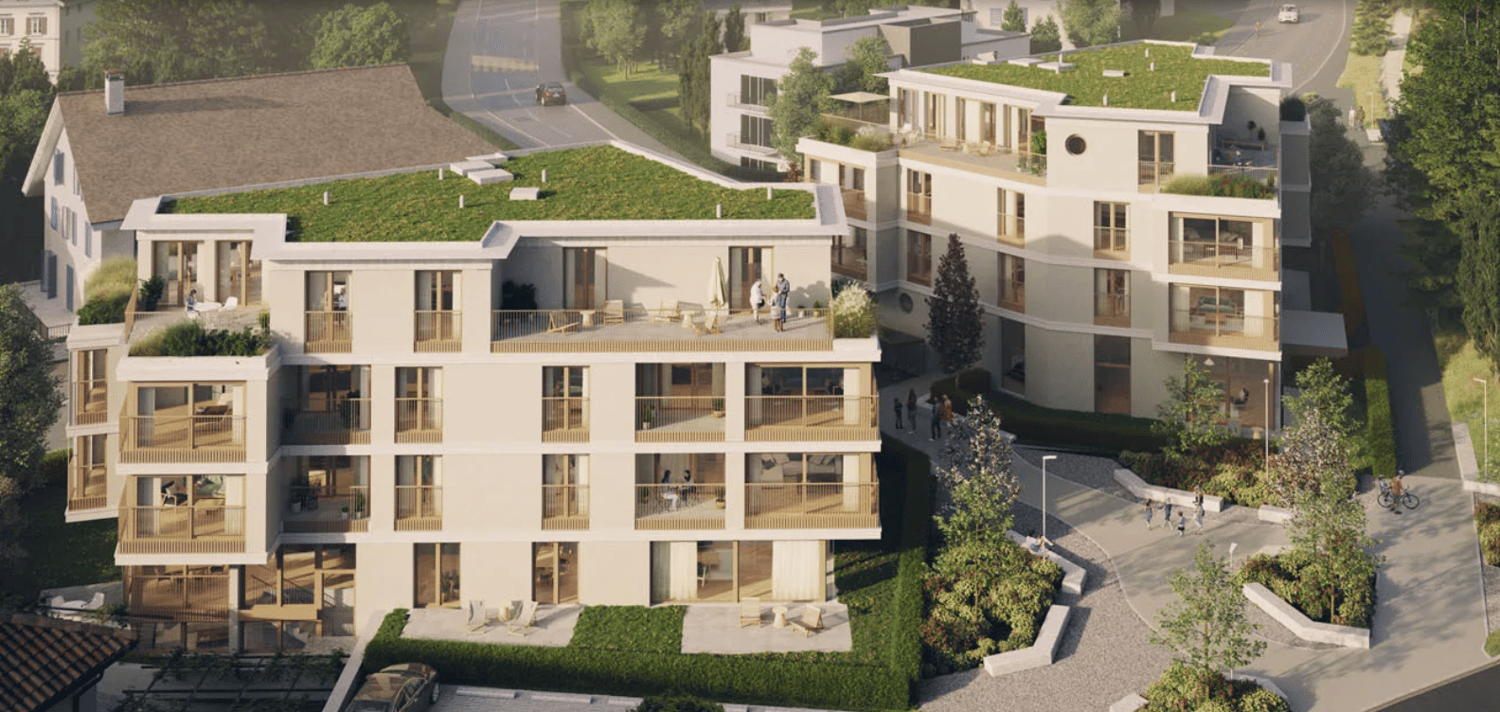 2 building, 5 stories, white exterior, balconies, green roofs, garden