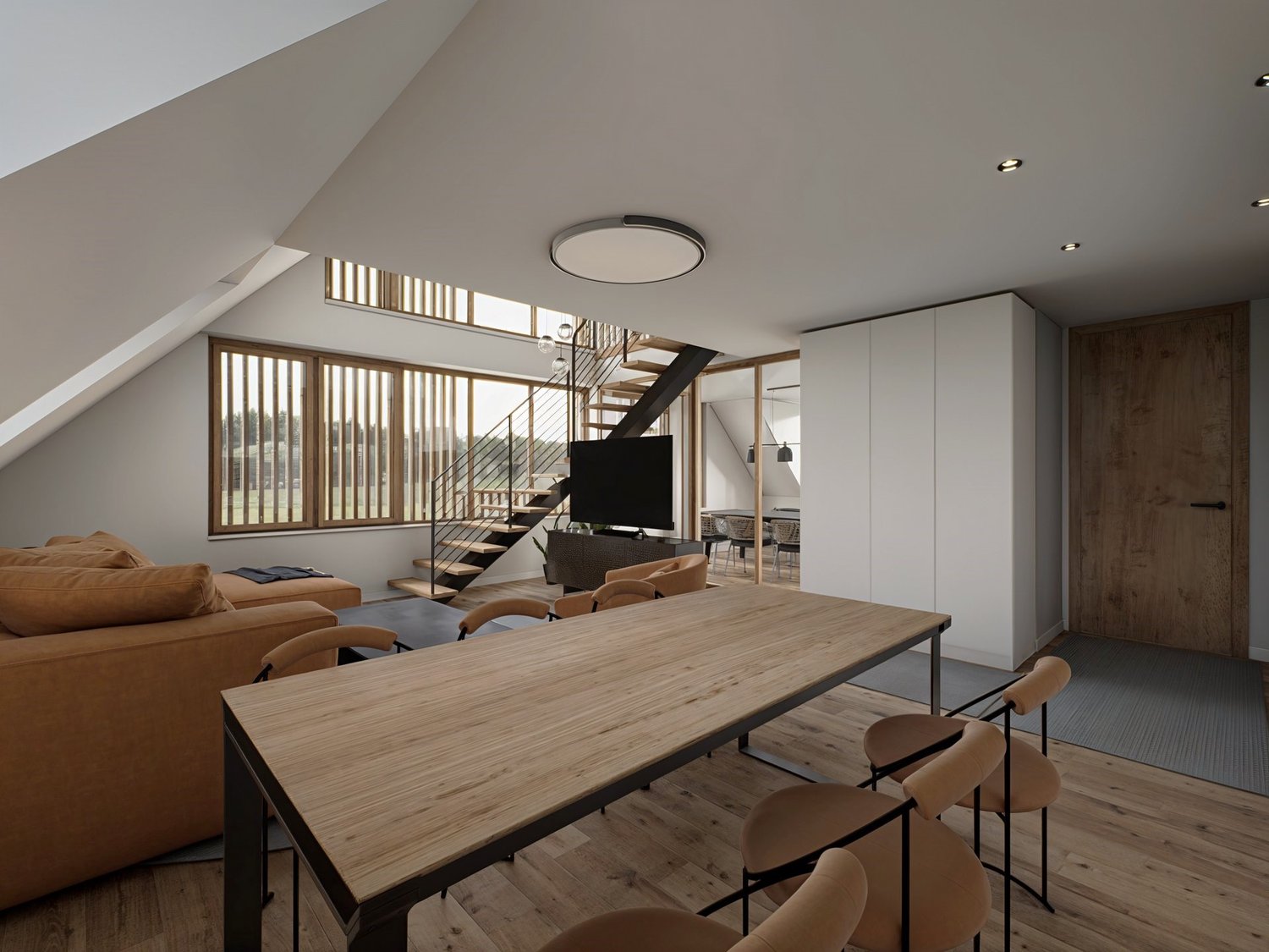 Contemporary living room with wooden furniture, white walls, large windows, dining table, sofa, stairs, TV