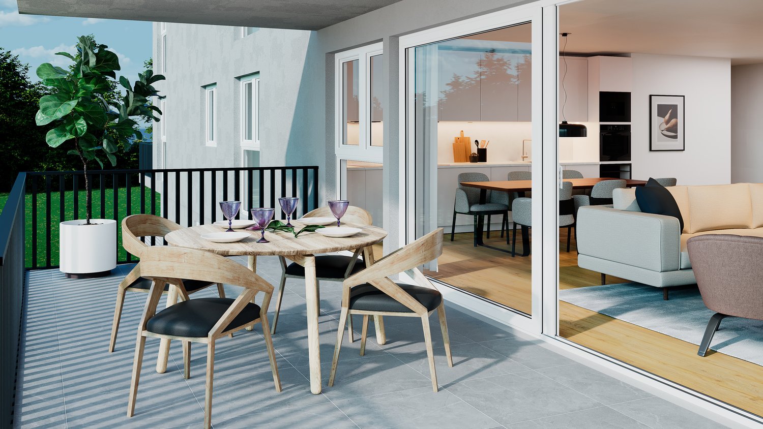 A dining table and chairs on a balcony, with a view of the living room, green plant, glass sliding door.