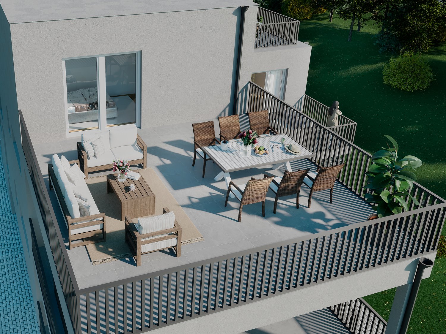 A balcony with a large glass door and windows. There is a table with 6 chairs, a sofa set with pillows, a coffee table, and a potted plant. The floor has tiles.