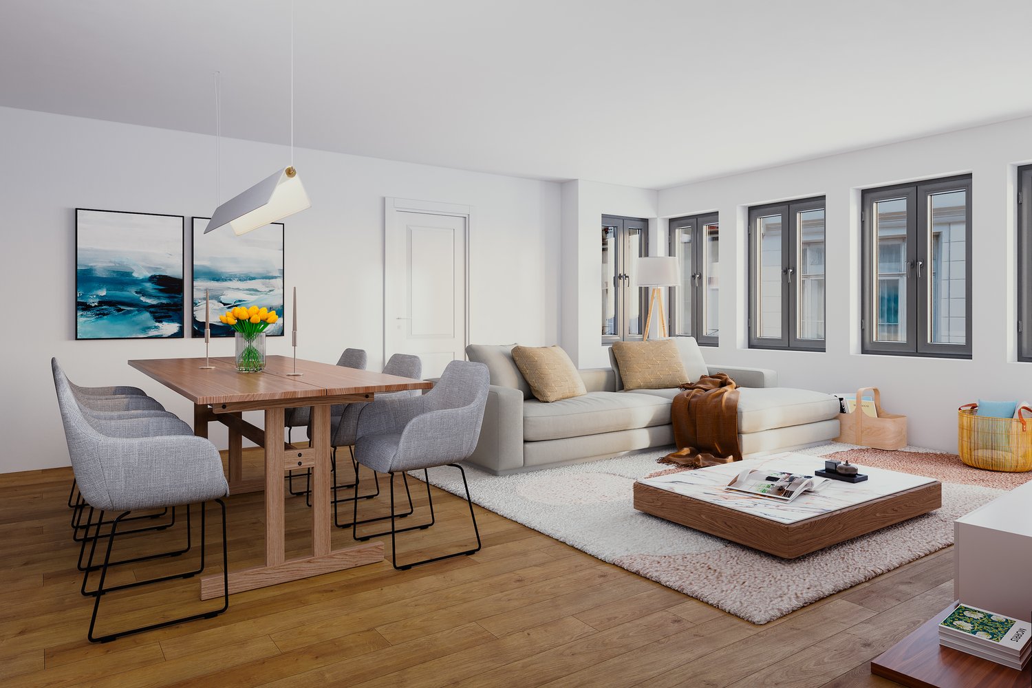 wooden dining table, gray chairs, wooden sofa, beige rug, modern interior, open plan