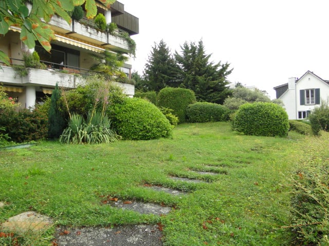 garden, green lawn, shrubs, pathway, and house in background